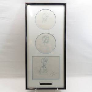 lot 126 image: 34 x 15 The Little Mermaid Sebastian & Flounder Framed Sequence of 3 Pencil Drawings 1989 SIGNED