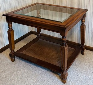 lot 24C image: B3 - Vintage Wood and Glass Accent Table with Woven Shelf