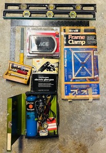 lot 122C image: S - Workshop Tool Lot Levels, Frame Clamp, Propane Torch, Glue Gun, Knives & More