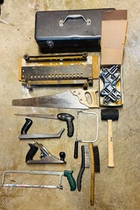 lot 123C image: S - Collection of Hand Tools Including Saws, Planes, Mallet, Clamps, and Metal Toolbox