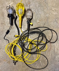 lot 135C image: S - Lot of 3 Portable Work Lights with Protective Cages and Extension Cords