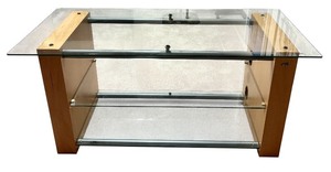 lot 55 image: LL - Modern Glass Console Table with Wood Sides and Metal Supports