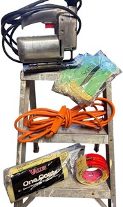 lot 108 image: S - Lot of Hand Tools with Sander, Saw, Roller, Brushes, Face Shield, and Accessories