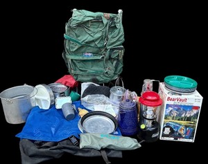 lot 111 image: G - Vintage Camping Gear Set with Backpack, Cookware, Thermos, and Accessories