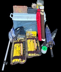lot 112 image: G - Vintage Fishing Equipment Collection with Cooler, Trailmaster Rods, Net, and Accessories