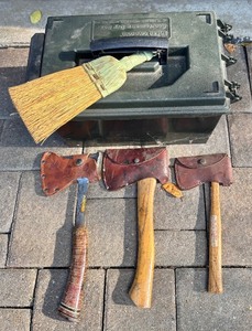 lot 118H image: G - Vintage Boy Scout Hatchets with Sheaths, Ammo Box, and Whisk Broom