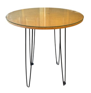 lot 87R image: U - Vintage Round Table with Glass Top and Hairpin Legs