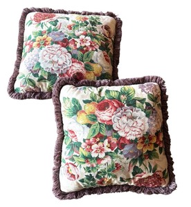 lot 94R image: G - Pair of Floral Accent Pillows with Fringe Trim