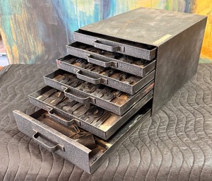 lot 11 image: Vintage Parts File Cabinet w Vintage Type Set
