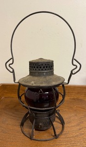 lot 76 image: Antique Railroad Lantern w Original Red Glass Globe