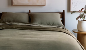lot 113 image: Size FullQueen Color Moss French Linen and Cotton Duvet Cover & Sham Set  BOKSER HOME