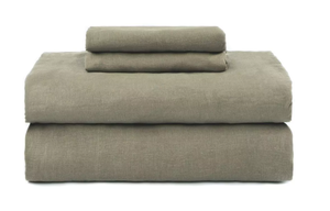 lot 11 image: King Cal King Color Moss 100% French Linen Sheet Set  BOKSER HOME