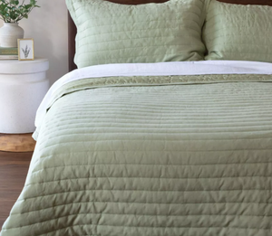 lot 34 image: KingCalifornia King Color Matcha French Linen Channel Stitch Quilt & Sham Set  BOKSER HOME