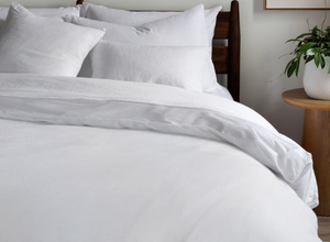 lot 166 image: Size FullQueen Color White French Linen and Cotton Duvet Cover & Sham Set  BOKSER HOME