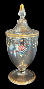 lot 38R image: Vintage Glass Candy Dish  Hand-Painted Glass Apothecary Jar Floral Design