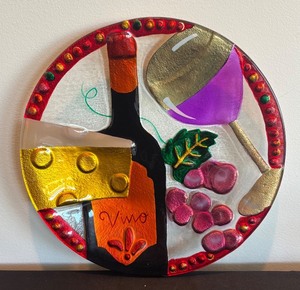 lot 82R image: P - Art Glass Plate with Wine, Cheese, and Grapes Motif