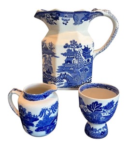 lot 85R image: P - Set of 3 Blue and White Vintage Pitchers and Cup by Masons, Wedgwood and More