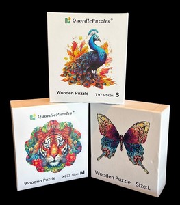lot 90R image: P - Set of 3 Quordle Wooden Puzzles Peacock, Tiger and Butterfly