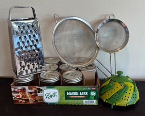 lot 97R image: P - Kitchen Collection Ball Mason Jars, Stainless Grater, Strainers, and Steamer Basket