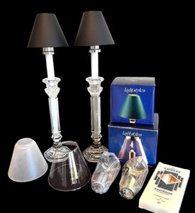 lot 65R image: P - Set of 2 Crystal Candle Holders with 4 Candle Lampshades and Gold & Silver Holders