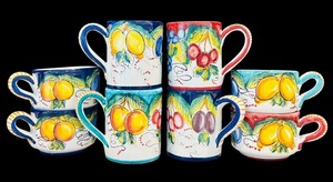 lot 96H image: LR - Set of 4 Large Hand Painted Mugs, 4 Coffee Mugs, and 2 Saucers Made in Italy