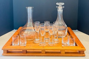 lot 110H image: DR - Dansk Thailand Wooden Tray with Decanters and Glass Set