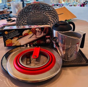 lot 111H image: DR - Kitchenware Collection with Woven Basket, The Rock Griddle, V-Slicer, Red Pan Lids, and OXO Pitcher