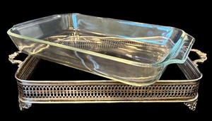 lot 112H image: DR - Set of 2 Vintage Pyrex Glass Baking Dishes with Ornate Silver-Tone Holders