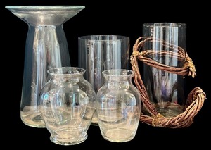 lot 146H image: LR - Collection of 5 Glass Vases Assorted Shapes Up to 13.5 Inches Tall