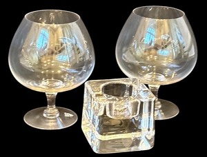 lot 147H image: DR - Orrefors Sweden Brandy Glass Pair and Glass Votive Candle Holder