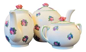 lot 149H image: DR - Homestead Ware Teapot, Sugar, and Creamer Set by A.J. Fondeville & Co., England