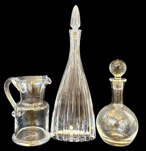lot 153H image: DR - Set of 3 Clear Glass Decanters and Simon Pearce Vase, Includes Large 15.25 Inch Decanter