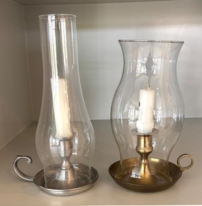 lot 204R image: LR - Pair of Glass Hurricane Candle Holders with Metal Bases