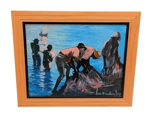 lot 9 image: LL - Ken Abendana Spencer Framed Fishing Scene Original Painting