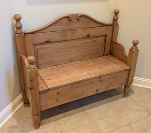lot 12 image: GE - Antique Irish Pine Storage Bench with Scroll Back