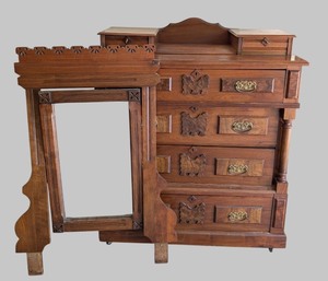 lot 14 image: G - Antique Eastlake Dresser with Ornate Mirror and Carved Details