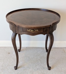 lot 17 image: MR-Baker Vintage Round Wood Side Table with Drawer and Cabriole Legs