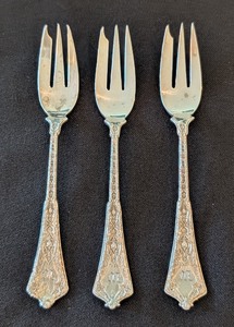 lot 22A image: UL - Set of 3 Antique WMF Silver Plated Pastry Forks, Ornate Monogrammed Handles, 5 Inch