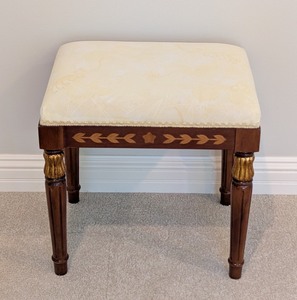lot 43 image: UL - Vintage Upholstered Wood Bench with Decorative Inlay and Gold Accents