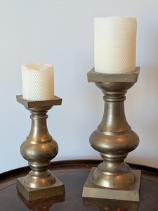 lot 46 image: MB - Pair of Heavy Brass Candle Holders with Beeswax Candles, 12.5 Inch Tallest