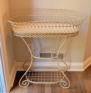lot 56 image: EW - Vintage Metal Plant Stand with Woven Basket Top and Shelf