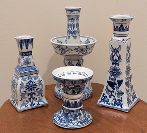 lot 59 image: LL - Set of 4 Andrea by Sadek Blue and White Porcelain Candlesticks