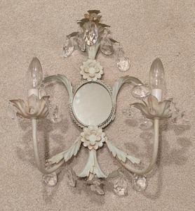 lot 123 image: LL - Vintage Two-Light Wall Sconce with Crystal Prisms and Decorative Mirror