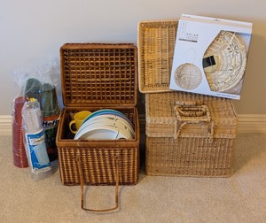 lot 137 image: LL - Pair of Picnic Baskets with Plastic Tableware, Cups, and Solar Lantern