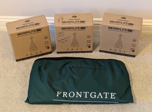lot 142 image: LL - Frontgate 7.5 ft Christmas Tree Storage Bag with 3 Solar LED Metal Tree Decorations