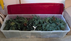 lot 143 image: G - 15ft Holiday Garland with Pinecones, Lights and Storage Tote