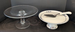 lot 164 image: UL - Glass and Porcelain Cake Stands with Stainless Steel Server