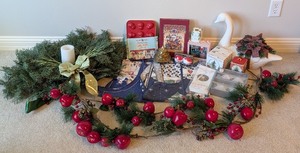 lot 234 image: LL - Holiday Decor Collection with Wreath, Swan, Candles, Towels, and Kitchen Accessories
