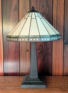 lot 92 image: LL - Stained Glass Table Lamp with Geometric Shade