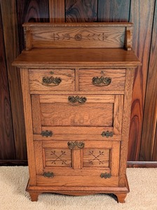 lot 99 image: LL - Antique Oak Washstand with Carved Back and Brass Hardware
